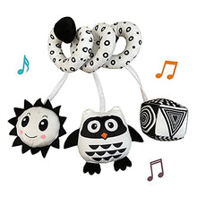 Load image into Gallery viewer, Hanging Toys for Car Seat Crib Mobile, Infant Baby Spiral Plush Toys for Crib Bed Stroller Car Seat Bar - Black and White Color Toy with Rattles Owl BB Squeaker Sun
