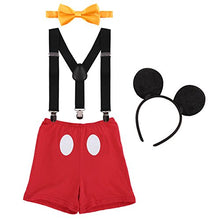 Load image into Gallery viewer, Baby Boy Mouse 1st Birthday Cake Smash Outfits Photo Props Bowtie Suspenders Shorts Headband #A: Red B Dots 2-3Y
