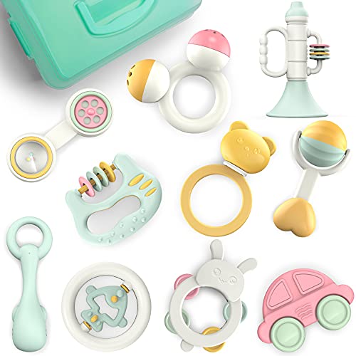 Gizmovine 10pcs Baby Toys Rattles Set, Infant Grasping Grab Toys, Spin Shaking Bell Musical Toy Set Early Educational Toys with Storage Box for Toddler Newborn Baby 3, 6, 9, 12 Month