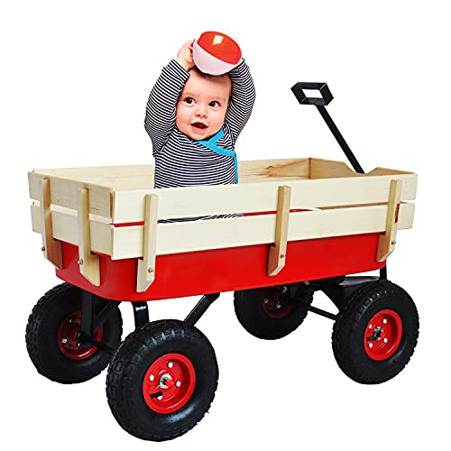 All Terrain Wagons for Kids Wagon with Removable Wooden Side Panels, Garden Wagon with Steel Wagon Bed, Folding Wagons for Kids/ Pets with Pneumatic Tires, Red
