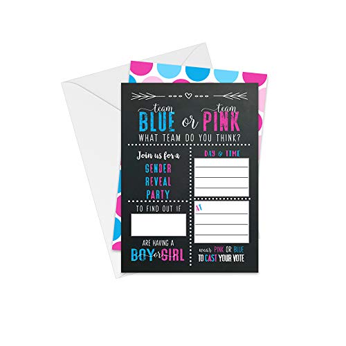 Team Pink or Blue Invitations for Gender Reveal Party (25 Pack) Fill in Blank - Chalkboard Baby Shower Invite Set - Sprinkle - Envelopes Included