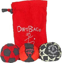 Load image into Gallery viewer, DirtBag Medley Footbag 3-Pack with Pouch, 100% Handmade, Premium Quality, Bright Vivid Colors, Signature Carry Bag - Red/Black
