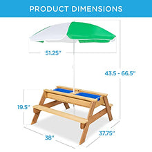 Load image into Gallery viewer, Best Choice Products Kids 3-in-1 Sand &amp; Water Activity Table, Wood Outdoor Convertible Picnic Table w/ Umbrella, 2 Play Boxes, Removable Top
