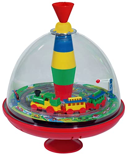 Lena 52120 tin Toys Panorama 19 cm, Plastic Humming, Classical Pump Mechanism, Musical Locomotive, Stand, Spinning top for Children from 18 Months, Colourful