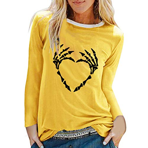 TOPUNDER Womens Halloween Print Shirts O-Neck Long Sleeve Top Loose T-Shirt Blouse Yellow