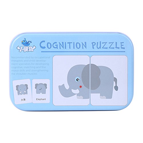 32Pcs Flash Card Puzzle Cognitive Learning Early Education Card Learning Toys Vehicle/Animal/Fruit/Living Goods Learning Training Cards Baby Educational Toy with Iron Box(Animals)