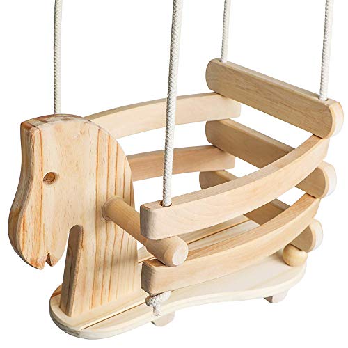 Wooden Horse Toddler Swing Set - Baby Swing Outdoor & Indoor - Smooth Birch Wood with Natural Finish & Cotton Ropes - Eco-Conscious Toddler Bucket Swing Chair, 6 Months to 3 Years
