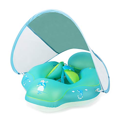 Relaxing Baby Swimming Float Ring with Removable Sun Protection Canopy, Anti-Slip Crotch, Add Tail Chamber Never Flip Over Baby Floats for Pool Accessory Air Pump and 2 Pool Toys for Toddler 3 M-6 Yrs