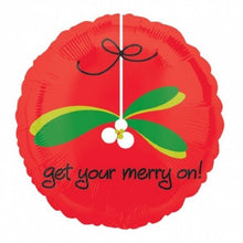 Load image into Gallery viewer, &quot;Get Your Merry On!&quot; Mistletoe Red Green White 18&quot; Balloon Mylar
