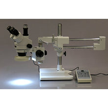 Load image into Gallery viewer, AmScope SM-4TZ-80AM-5M Digital Professional Trinocular Stereo Zoom Microscope, WH10x Eyepieces, 3.5X-90X Magnification, 0.7X-4.5X Zoom Objective, Eight-Zone LED Ring Light, Double-Arm Boom Stand, 110V
