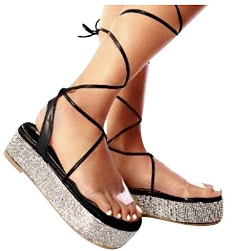 HIRIRI Women's Gladiator Ankle Strap Lace up Platform Shoes Open Toe Rhinestones Heeled Strappy Sandals Black