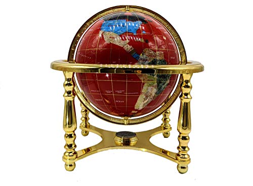 Unique Art 13-Inch Tall Table Top Red Ocean Gemstone World Globe with Gold 4 Leg Stand