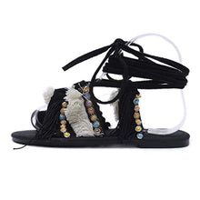 Load image into Gallery viewer, HIRIRI Sandals for Women Flat Comfy Shoes Ladies Strap Crisscross Lace-Up Flat Heel Slip On Sandals with Fringe Black
