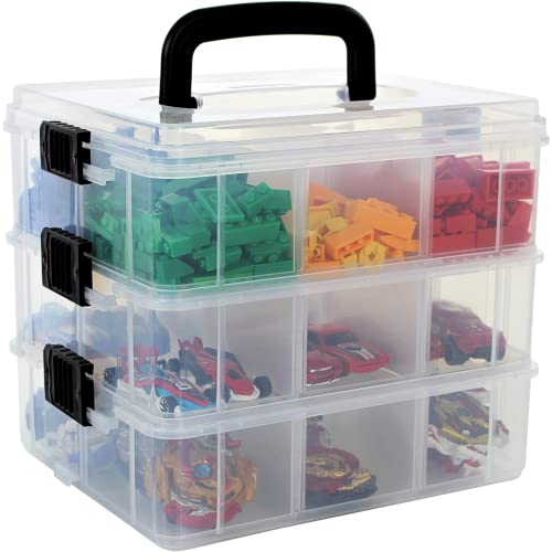 Bins & Things Stackable Toys Organizer Storage Case Compatible with Calico Critter, Hot Wheels, Lego Storage Organizer, LOL OMG or Mini Toy Action Figures - Portable Adjustable Box w/Carrying Handle -