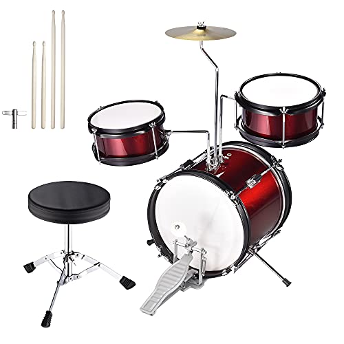 Junior Kids Drum Set w/ 3 Drums Bass Tom Drumsticks Cymbal Throne Stool Kit