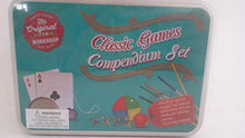 Load image into Gallery viewer, The Original Fun Workshop Classic Games Compendium Set. Nostalgic Games in Vintage Tin Box. Marble Game, Juggling Balls, Yoi-Yo, Pick Up Sticks, Jacks, Playing Cards.

