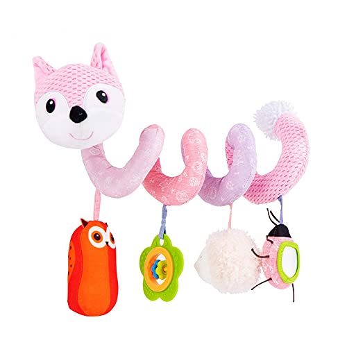 Ebrima Car Seat Toys, Baby Activity Spiral Plush Toys Hanging Stroller Toys with Music Box BB Squeaker Rattles for 0-12 Months Infant - Pink Fox
