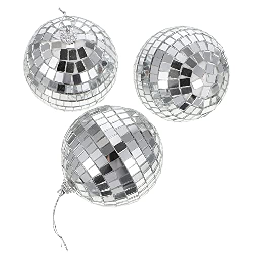 NUOBESTY 3pcs Mirror Disco Ball Reflective Glass Mirror Ball Silver Hanging Disco Ball Cake Topper Tree Ornament for Party Home Decorations 8CM