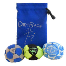 Load image into Gallery viewer, DirtBag Medley Footbag 3-Pack with Pouch, 100% Handmade, Premium Quality, Bright Vivid Colors, Signature Carry Bag - Grey/Blue
