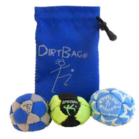 DirtBag Medley Footbag 3-Pack with Pouch, 100% Handmade, Premium Quality, Bright Vivid Colors, Signature Carry Bag - Grey/Blue