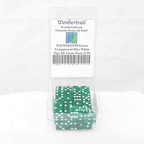 Green Transparent Dice with White Pips Square Corners D6 12mm (1/2in) Pack of 50 Wondertrail
