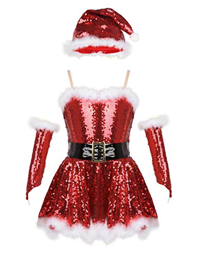 CHICTRY Girls' Mrs Claus Costume Sparkle Sequins Christmas Santa Tutu Princess Party Dresses with Hat&Sleeves Sr01 Red&White 5-6 yr