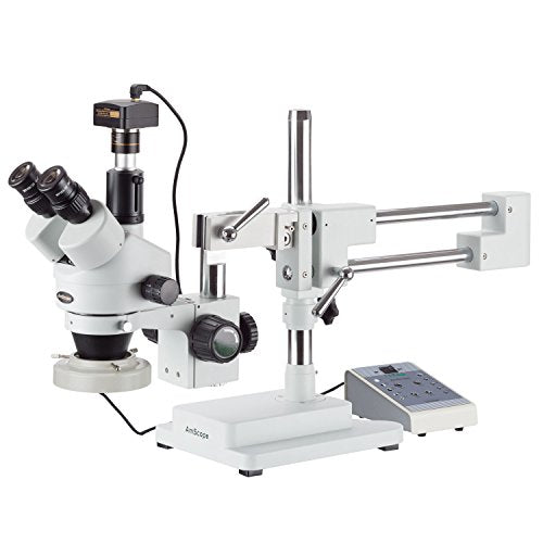 AmScope SM-4TZ-80AM-5M Digital Professional Trinocular Stereo Zoom Microscope, WH10x Eyepieces, 3.5X-90X Magnification, 0.7X-4.5X Zoom Objective, Eight-Zone LED Ring Light, Double-Arm Boom Stand, 110V