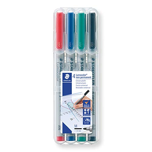 Staedtler Lumograph Non Permanent, Wet Erase Marker Pens, Medium Tip Refillable Colored Markers, 4 P
