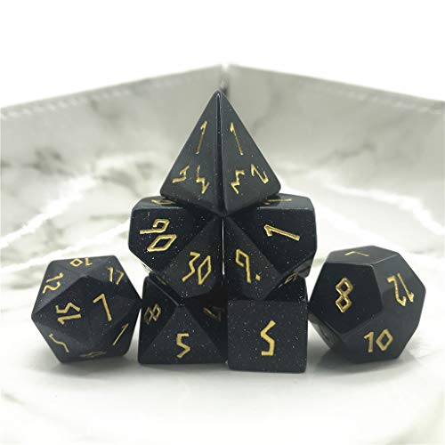 Truewon Stone Dice Set of 7 Handmade Dices for RPG ,DND Made by Natural Gemstones with White Marble Pattern Tray. (Blue Sandstone B)