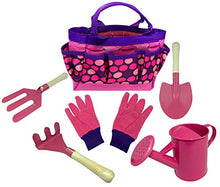 Load image into Gallery viewer, Kids Gardening Tool Set - Real Metal Child Sized Hand Tools with Wooden Handles &amp; Safety Edges; Shovel, Rake &amp; Pitch Fork - Plus Watering Can, Garden Gloves &amp; Durable Canvas Carrying Bag. Pink
