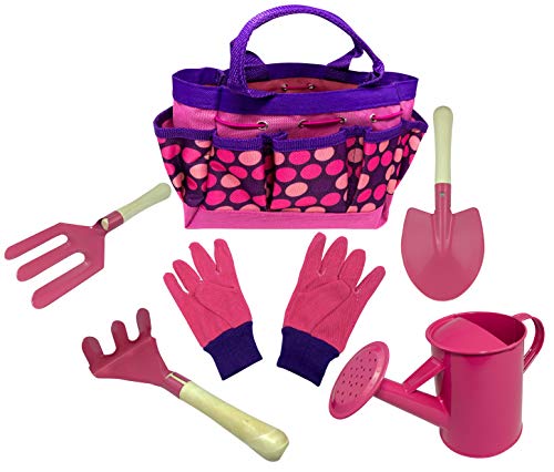 Kids Gardening Tool Set - Real Metal Child Sized Hand Tools with Wooden Handles & Safety Edges; Shovel, Rake & Pitch Fork - Plus Watering Can, Garden Gloves & Durable Canvas Carrying Bag. Pink