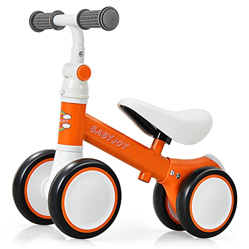 BABY JOY Baby Balance Bike, 6-24 Months Children Walker, No Pedal Infant 4 Wheels Toddler Bicycle with Adjustable Seat, Kids Riding Toys for 1 Year Old Boys Girls, Babys First Birthday Gift, Orange