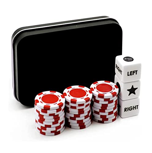 Bilywey Left Right Center Dice Game Set with 3 Dices + 30 Red Poker Chips + Black Storage Carry Tin (Red)