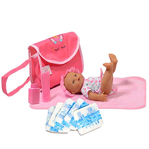 The New York Doll Collection Unicorn Doll Diaper Travel Bag with Doll Care Accessories, Including Pampers, Baby Lotion, Powder, and Changing Mat