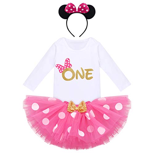 Baby Girl My 1st Birthday Outfit Mini Bow One Romper Polka Dot Tutu Skirt Mouse Ears Headband 3PCS Clothes Set for 1 Year Old Princess Cake Smash Photo Shoot Party Dress Costume Hot Pink - One 1 Year
