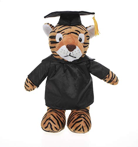 Plushland Tiger Plush Stuffed Animal Toys Present Gifts for Graduation Day, Personalized Text, Name or Your School Logo on Gown, Best for Any Grad School Kids 12 Inches(Black Cap and Gown)