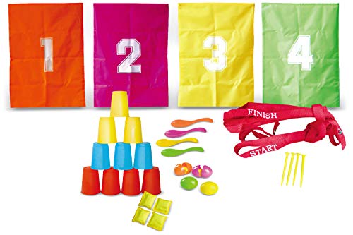 POCO DIVO 3in1 Outdoor Picnic Lawn Games, 4-Player Backyard Party Sports, 32pcs Kids Favor Family Field Day Fun Set; Sack Race Bags, Egg and Spoon Outside Yard Champion, Bean Bag Toss Indoor Activity