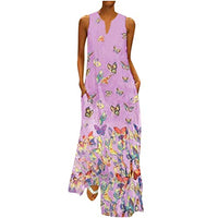 Women's Summer Sleeveless V Neck Loose Pot Butterfly Printed Maxi Dress Casual Long Dress with Pockets Pink