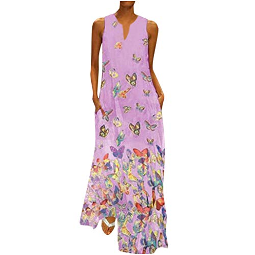 Women's Summer Sleeveless V Neck Loose Pot Butterfly Printed Maxi Dress Casual Long Dress with Pockets Pink