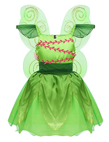 Mufeng Kids Girls Fairy Tale Green Princess Tutu Dress with Wings Halloween Cosplay Costumes Party Dress Up Green 4-6