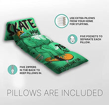 Load image into Gallery viewer, Kids Floor Pillow Skater Dinosaur Wearing a hat on Skateboard with Yellow Background and Pillow Bed, Reading Playing Games Floor Lounger, Soft Mat for Slumber Party, for Kids, King Size
