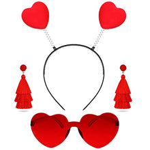 Load image into Gallery viewer, 3 Pieces Valentine&#39;s Day Headband Rimless Heart Shape Sunglass Head Boppers Loving Heart Antenna Headband Red Layered Tassel Earrings for Valentines Day Party Props Holiday Costume Accessories
