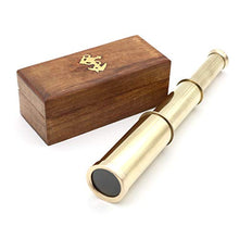 Load image into Gallery viewer, Mythrojan Mini Pirate Spyglass Telescope Brass Collapsible Hand Telescope with Wooden Box Small Vintage Telescope Pirate Decore Brass Decorative Telescope 9&#39;&#39; - Brass
