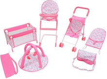 Load image into Gallery viewer, KOOKAMUNGA KIDS 6 Pc Baby Doll Stroller Set - Baby Doll Accessories - Baby Doll Playset w/ Doll Crib Stroller High Chair &amp; Feeding Tray - Playpen - Bouncer - Diaper Bag - Activity Mat - Ages 3+ (Pink)
