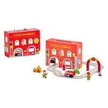 Load image into Gallery viewer, Petit Collage Wind Up Toy Playset, Little Firehouse  Wooden Toddler Toy Set with Wind-Up Fire Truck, Track Pieces, and Pop-Out Play Pieces  Activity Toy for Ages 3+  Makes a Great Gift Idea
