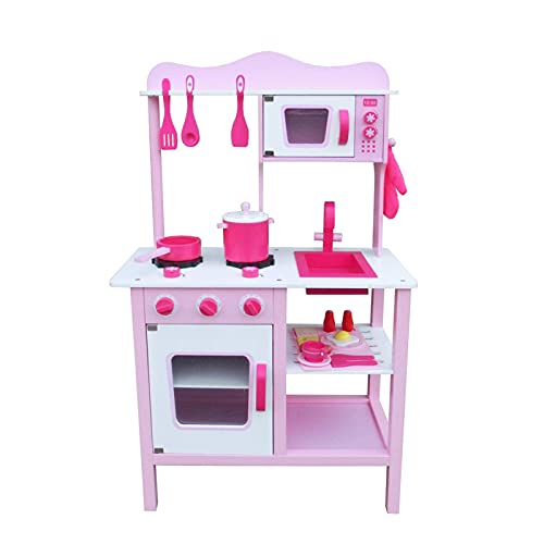 NC Kids Pretend Play Wooden Kitchen for Girl Cooking Food Playset Pink