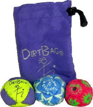 Load image into Gallery viewer, Dirtbag All Star Footbag Hacky Sack 3 Pack with Pouch, 100% Handmade, Premium Quality, Bright Vivid Colors, Signature Carry Bag - Fluorescent Yellow/Purple
