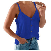 HIRIRI Women V Neck Button Down Tank Top Sleeveless Spaghetti Strap Camisole Loose Casual Summer Blouse Blue