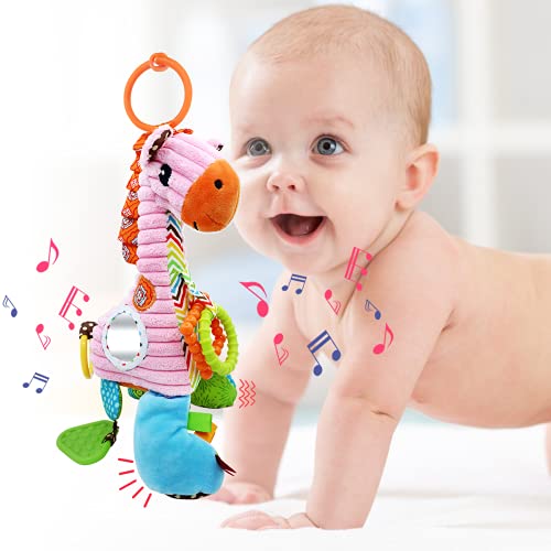 JERICETOY Car Seat Toy Baby Toy Infant Toy with Musical Box Stroller Toy Crib Toy Development Toy with Rattles Crinkle Teether Magic Mirror, Stroller Clip-On Carseat Cot Crib Bed Hanging Toy - Giraffe