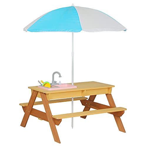Mederra Kids Wooden Picnic Bench Table Set, Sand & Water Activity Table for Outdoor with Umbrella, Removable Sandbox and Dishwasher Toy
